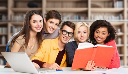 Young college happy student together in library