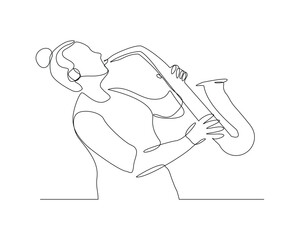 Continuous single line sketch drawing of woman musician classic jazz playing trumpet saxophone music instrument. One line classic royal jazz orchestra vector illustration