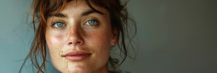 Obraz premium Portrait of a pensive young woman's gaze with copy space