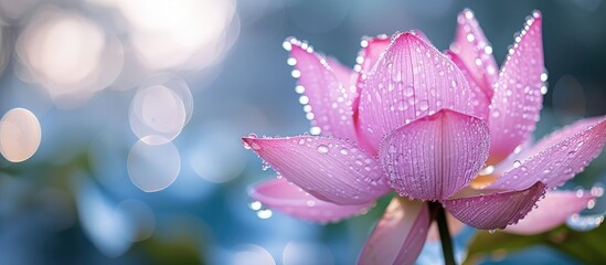 A pink lotus flower glistens with water droplets, each poised to cascade down its delicate petals. The vibrant hue of the flower is enhanced by the sparkling droplets, creating a visually striking
