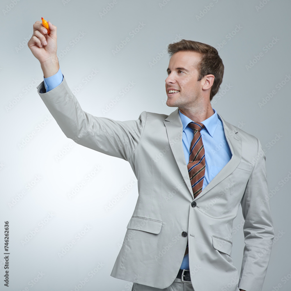 Poster Businessman, planning and writing on glass with pen in studio with ideas or strategy for future. Professional, brainstorming and man problem solving on window or screen with marker in hand for mockup