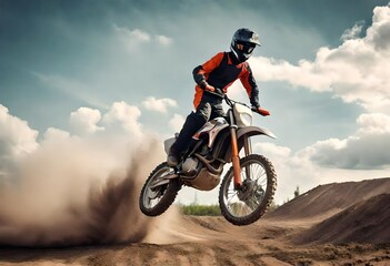 Fototapeta na wymiar Sky, jump and man on off road motorbike for practice, training and extreme sports energy in nature. Professional dirt