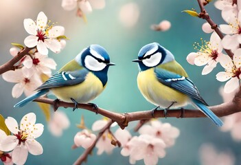 blue tits on cherry tree branch in spring garden, nature background with little birds - obrazy, fototapety, plakaty