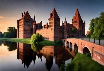 The Castle of the Teutonic Order in Malbork by the Nogat river at dusk. Poland