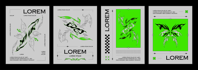 Poster design template in y2k style with neo tribal abstract shapes with sharp edges and typography. Vector banner layout set with gothic decoration elements and text. Cover in 90s and 00s aesthetic.