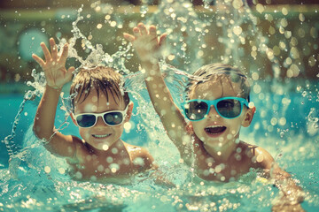 Joyful kids Splashing Water in Pool with Sunglasses, summer vacation concept