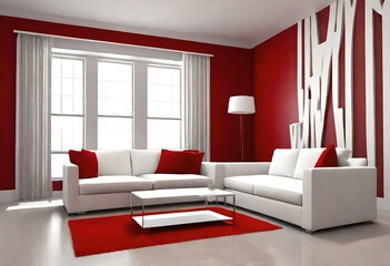 Interior design of white couch on red wall