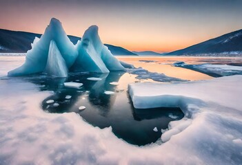 Beautiful landscape of Uzury bay with ice hummock rising above the frozen lake of Baikal at sunrise