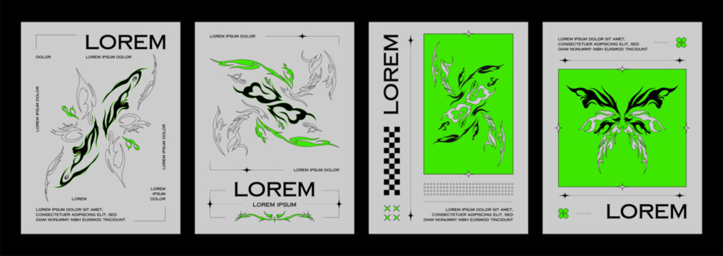 Poster design template in y2k style with neo tribal abstract shapes with sharp edges and typography. Vector banner layout set with gothic decoration elements and text. Cover in 90s and 00s aesthetic.