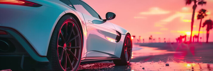 white sports car at sunset 