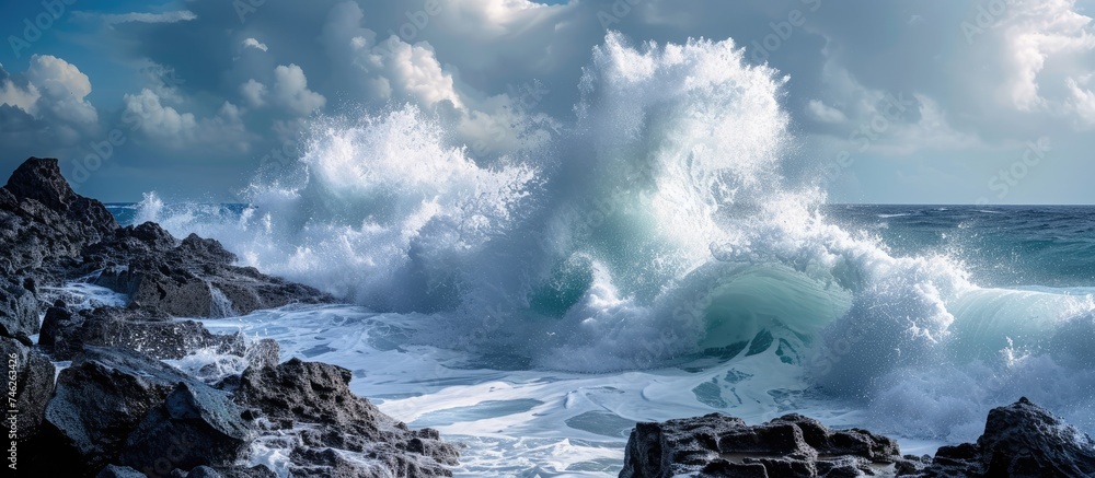 Poster a powerful wave crashes onto a rocky shore, creating foamy splashes and displaying its sheer force.