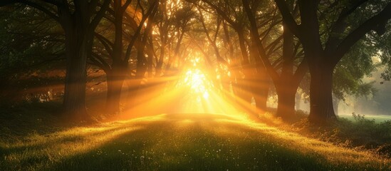 Glimmering mist shines through a sunlit tunnel of trees in a beautiful forest.