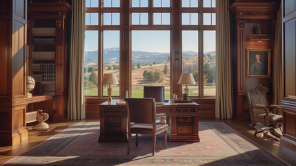 A serene study with rich wood paneling, a stately desk, and floor-to-ceiling windows offering views of rolling hills and distant mountains.