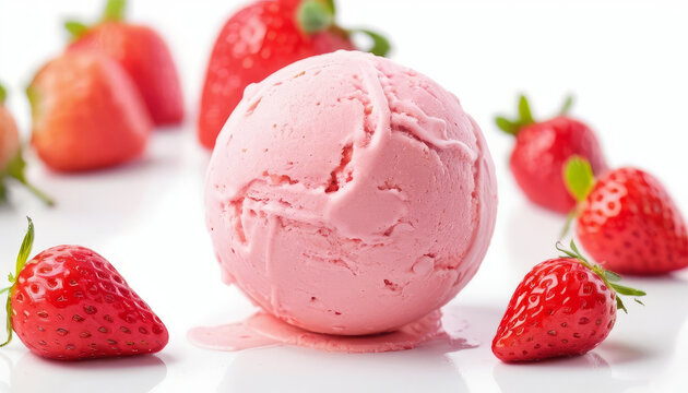 Tasty strawberry ice cream ball on white background