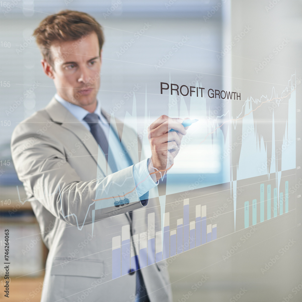 Poster Businessman, analysis and writing on digital interface with statistics or graph for stock market growth. Pen, tech and professional trader on chart by screen, finance or investment on double exposure