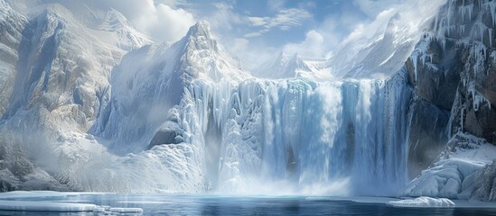 This painting depicts a frozen waterfall in the snow-covered mountains, showcasing its enchanting charm and beauty.