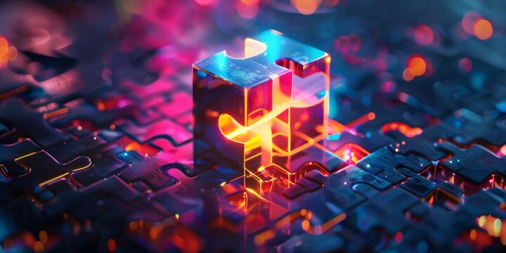 Futuristic business strategy puzzle, 3D conceptual pieces merging, glowing neon on dark