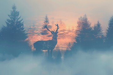 A serene deer overlaid with the soft glow of a misty forest in a double exposure