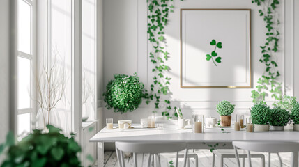 Fresh and Airy: Bright Modern Dining Room with Green Plants Decor, White Furniture, and Natural Light for a Fresh Home Interior Look