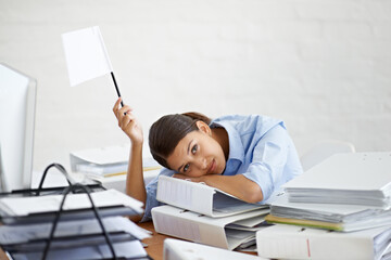 Business woman, portrait and white flag with documents for surrender, overworked or stress at...