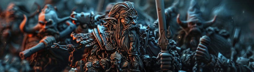 Fototapeta na wymiar A dark, mystical close-up of 3D elves, wizards, and dwarves on their epic quests