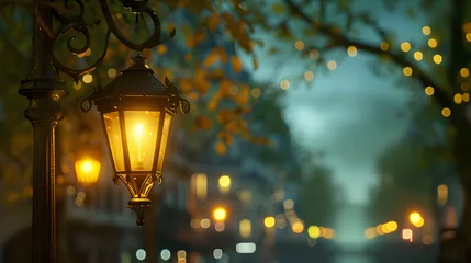 Fotobehang Nostalgic street lights shining through oleaguum trees at night © SHOHIDGraphics
