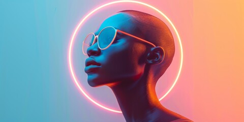 A serene, digital human portrait against a 3D minimalist backdrop, with subtle neon highlights and a touch of surrealism