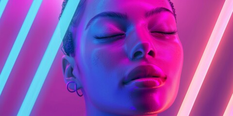 A serene, digital human portrait against a 3D minimalist backdrop, with subtle neon highlights and a touch of surrealism
