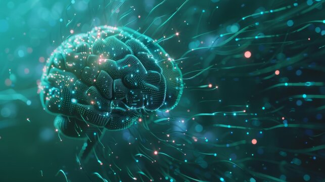 Artificial intelligence concept, digital brain in technology data stream, vivid details