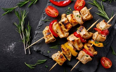 Chicken skewers with slices of sweet peppers and dill. Tasty food