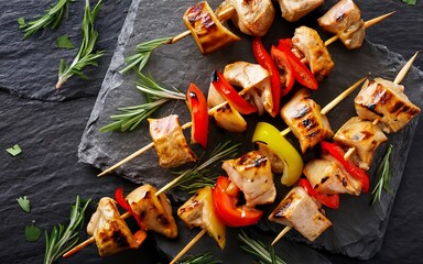 Chicken skewers with slices of sweet peppers and dill. Tasty food