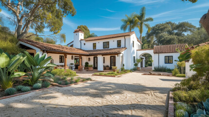 Fototapeta na wymiar Nestled in a lush sundrenched landscape this Spanish Colonial Ranch exudes a relaxed elegance with its whitewashed walls terracotta roof and expansive courtyard.