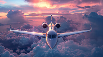 Private jet plane flying above dramatic clouds.