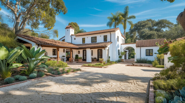 Nestled in a lush sundrenched landscape this Spanish Colonial Ranch exudes a relaxed elegance with its whitewashed walls terracotta roof and expansive courtyard.
