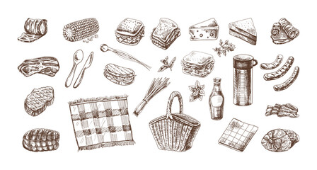 A set of hand-drawn sketches of barbecue and picnic elements. For the design of the menu of restaurants and cafes, grilled food, meat. Doodle vintage illustration. Engraved image..