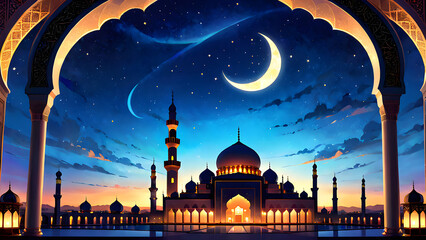 eid mubarak background, mosque in night with moon and star - obrazy, fototapety, plakaty