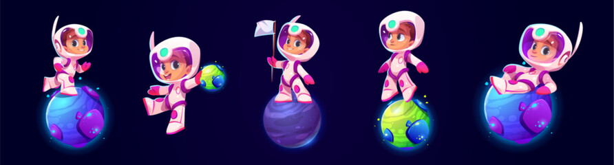 Obrazy na Plexi  Cute kid boy astronaut in suit with helmet flying and playing on little alien planets in outer space. Cartoon vector illustration set of happy little child spaceman exploring satellite objects.