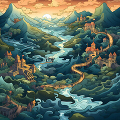 Fantasy landscape with castle. river and mountains. Vector illustration.