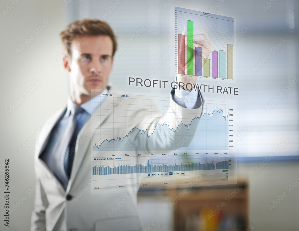 Poster Businessman, stock market and hand writing on screen with statistics, data or analysis. Interface, technology and serious professional trader on graphs for financial investment on overlay in office