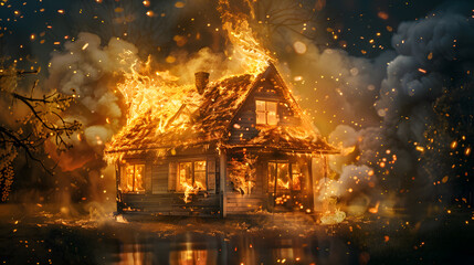Fire that spread after arson in burning house late in evening, created - obrazy, fototapety, plakaty