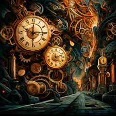 Steampunk background with clock and mechanism. Digital illustration.  3d  rendering