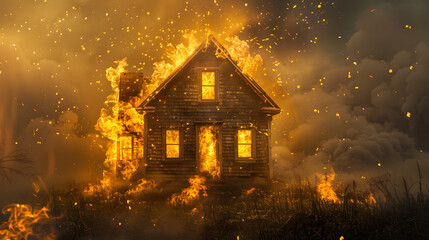 Fire that spread after arson in burning house late in evening, created - obrazy, fototapety, plakaty