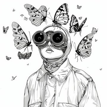 Butterfly straightjacket, illustration hand drawn surreal, simple art coloring pages
