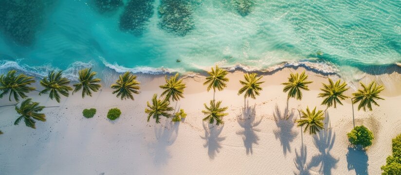 This aerial photo showcases the shoreline of Eagle Beach in Aruba, featuring a cluster of palm trees.