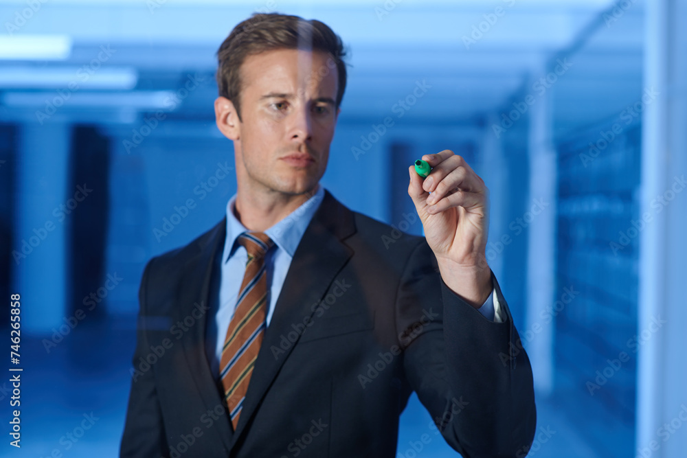 Poster businessman, planning and writing on glass with marker in office for ideas or strategy for future. p