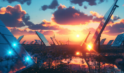 Modern solar panels sunset light. Concept eco green renewable energy. Generation AI