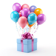 Gift boxes with balloons on white background.