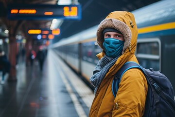 A masked man protecting against the spread of a viral infection while waiting at a train station.