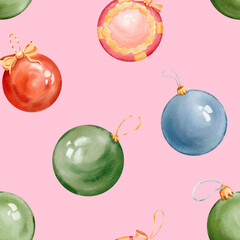 Seamless pattern of christmas balls hand made insolated watercolor illustration. winter season. decorative Pink background for pine tree, greeting card, bauble decorations. New Year holiday circle