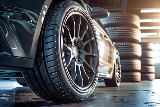 Car tires with a great profile in the car repair shop, industry concept, 